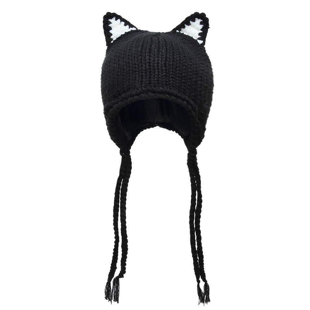 6411 Cute Cat Ears Knit Hat Ear Flap Crochet Beanie Hat Black